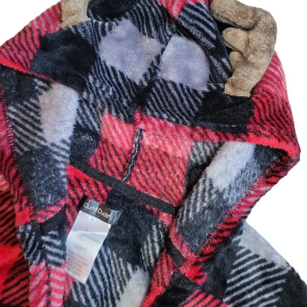 Boys M 8/10 Cuddl Duds Moose/Deer black/red Checkered Plaid Winter Hooded Robe